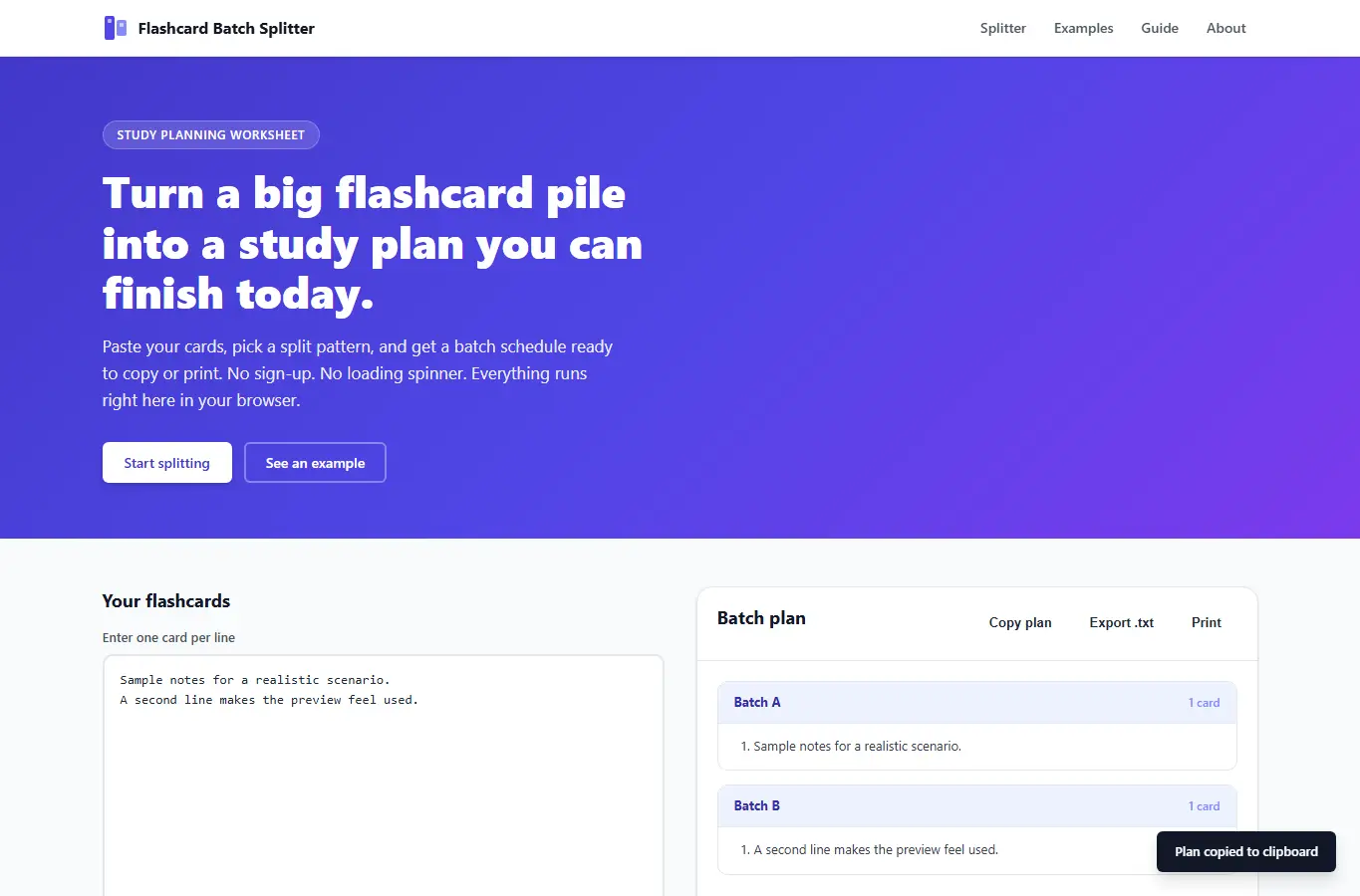 Screenshot of Flashcard Batch Splitter interface showing the project page in use